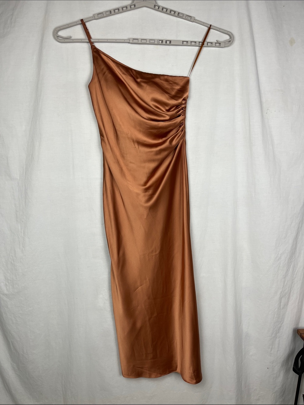 Revelry Jade One Shoulder Rust Bronze Formal Satin Maxi Dress